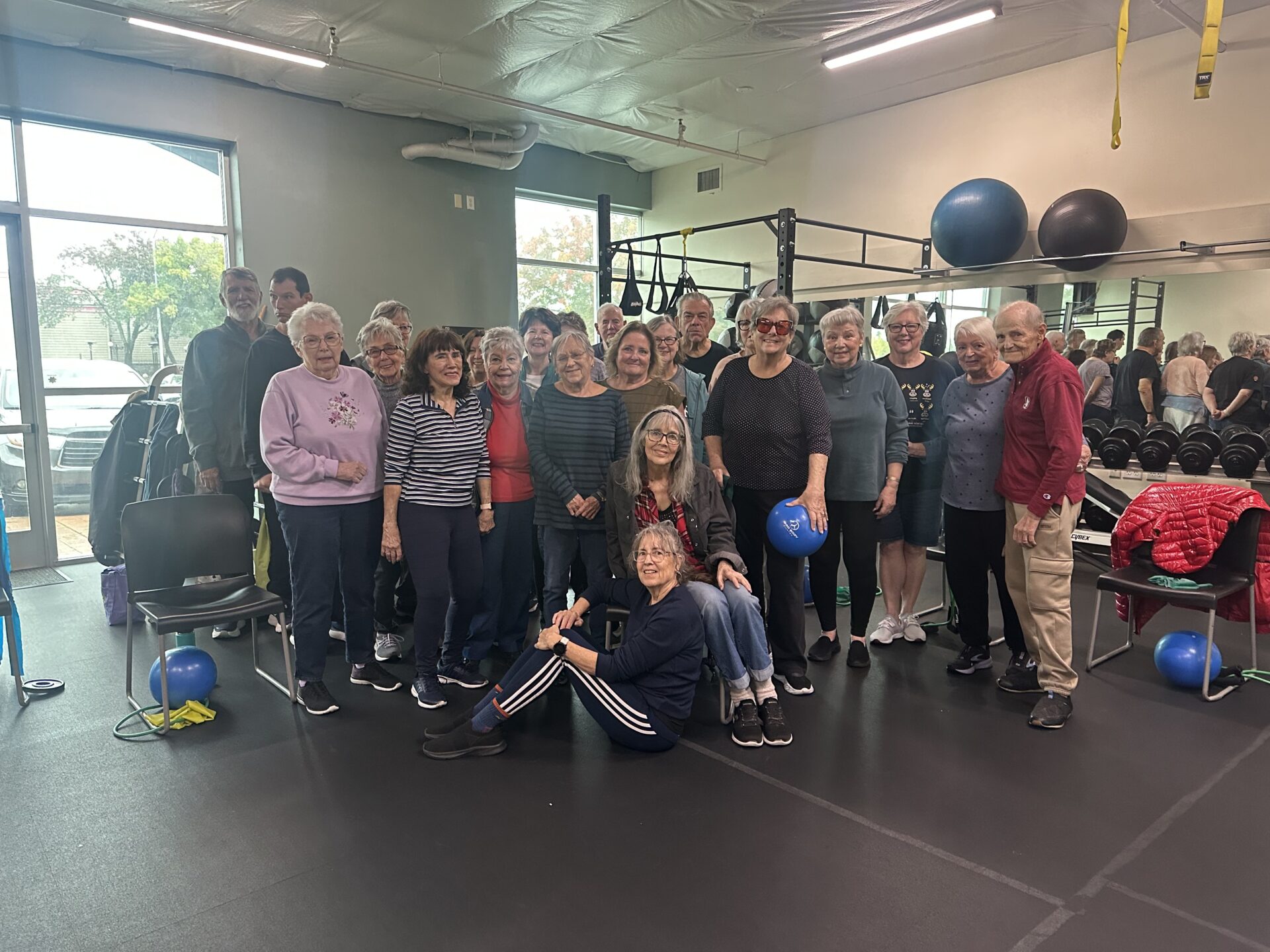 Members of the balance class together after class at One-on-One Fitness